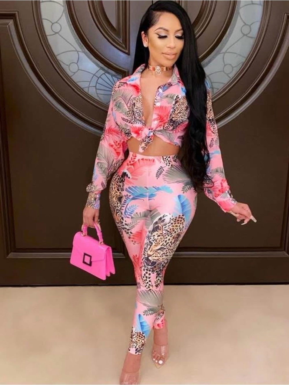 Pink Tropical Leopard Print High-Waist Pants & Tie-Front Top Set